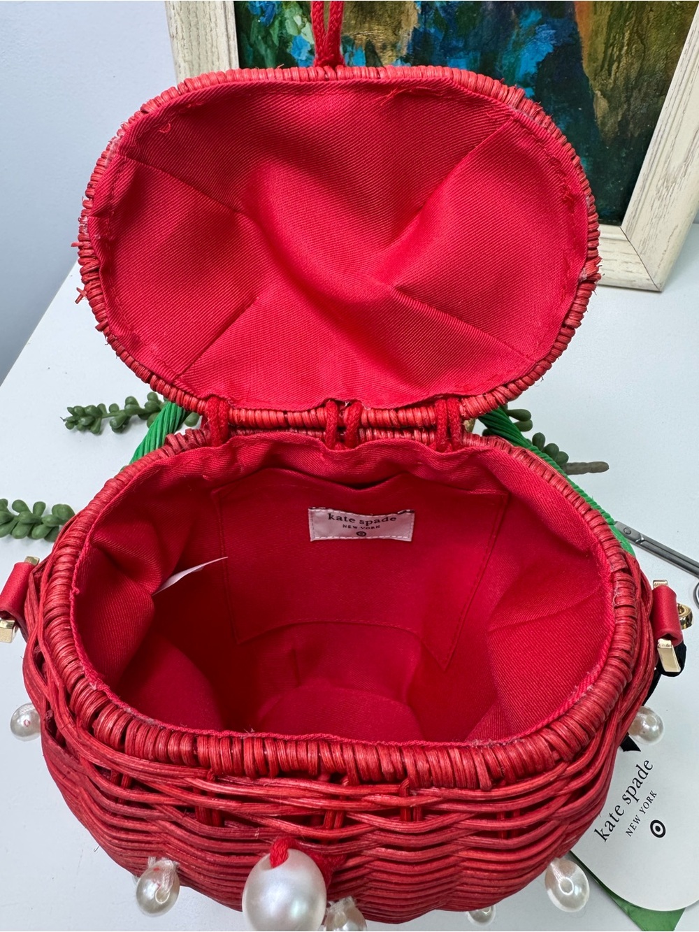 Kate Spade New York X Target Pearl Embellished Strawberry Wicker Basket Bag NWT - Picture 6 of 10